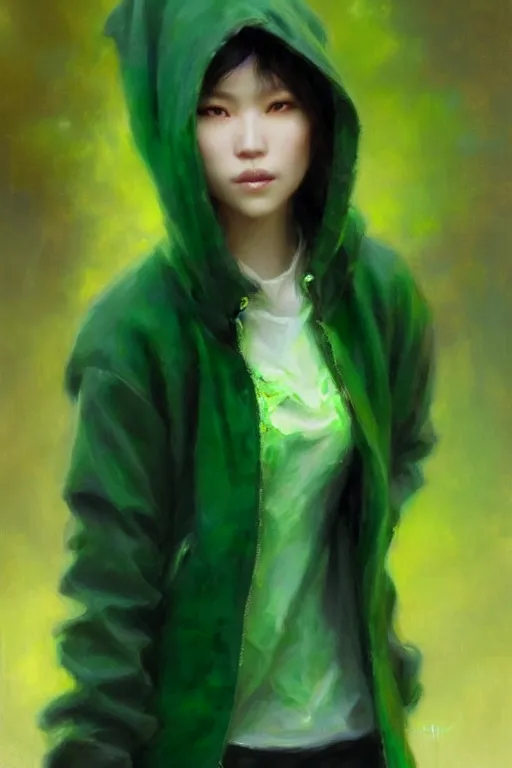 Prompt: an asian woman with emerald eyes and emerald hair that curls in the end, green aura, black hoodie, painting by daniel gerhartz, alphonse murac, detailed art, artstation