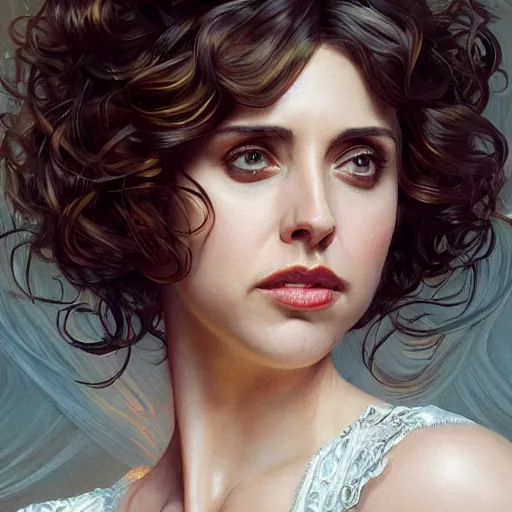 Image similar to ultra realistic illustration, alison brie wearing a curly english mustache, intricate, elegant, highly detailed, digital painting, artstation, concept art, smooth, sharp focus, illustration, art by artgerm and greg rutkowski and alphonse mucha