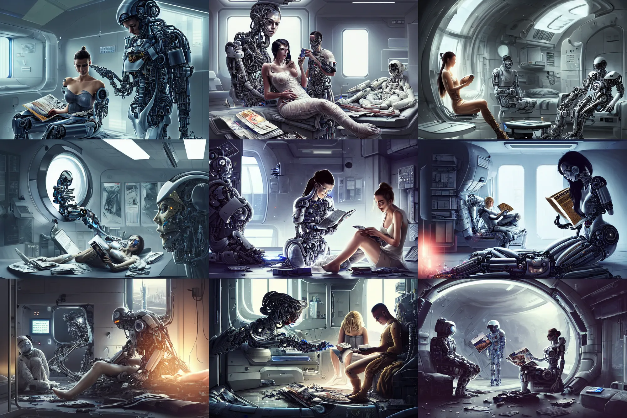 Prompt: Ultra realistic illustration, beautiful alluring damaged cyborg being put back together while reading a magazine, in an super advanced military medical bay, in a crashed spaceship, while a beautiful alluring astronaut soldier looks on, cyberpunk, sci-fi, fantasy, intricate, elegant, highly detailed, digital painting, artstation, concept art, smooth, sharp focus, illustration, art by artgerm and Greg Rutkowski and alphonse mucha and Yizheng Ke and Yintion J - Jiang Geping
