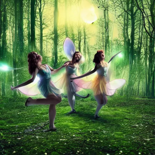 Prompt: Fairies dancing in the woods by full moon, realistic photo