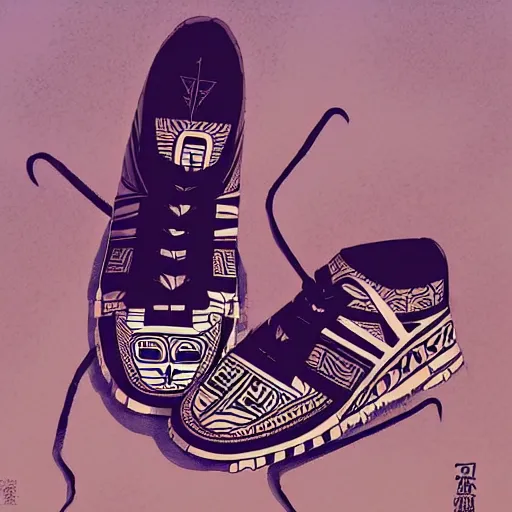 Image similar to sneaker design, aztec mayan street fashion native punk shoe design, hip hop sneaker design with subtle mayan patterns, gapmoe yandere grimdark, trending on pixiv fanbox, painted by greg rutkowski makoto shinkai takashi takeuchi studio ghibli, akihiko yoshida