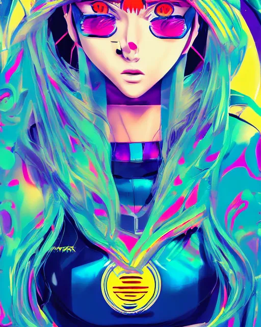 Image similar to poster woman with futuristic streetwear and long hair, colourful, pretty face, intricate eyes, elegant, Anime by Roset Conrad Sailor Moon Kuvshinov Ilya 4k, HDR, Graphic Design, Behance Trending on artstation, award winning