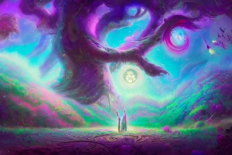 Image similar to a psychedelic realm made entirely out of love and acceptance | astral beings sharing love!!!! | in the style of greg rutkowski! | and wlop | and lisa frank! | and bob ross!!! | and ruan jia | illustration | epic | fantasy | hyper detailed | smooth | unreal engine | sharp focus | ray tracing