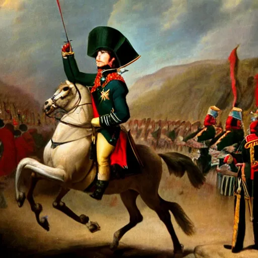 Image similar to napoleon standing on top of a cliff with an army marching next to him.