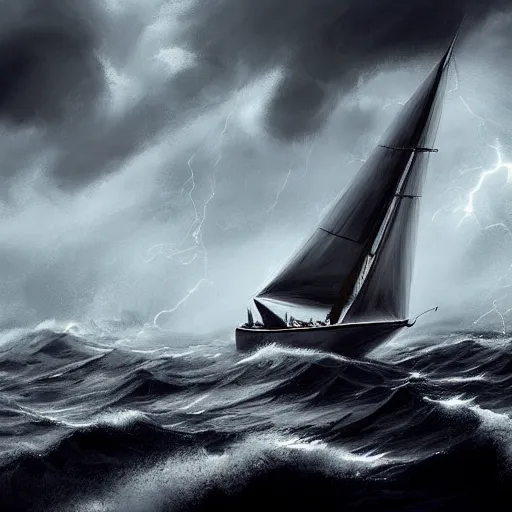 Image similar to sailboat in stormy waters, dark clouds, huge waves, gloomy, overcast, moody atmospheric, storm clouds, lightning illuminating sails, concept art, detailed, artstation award