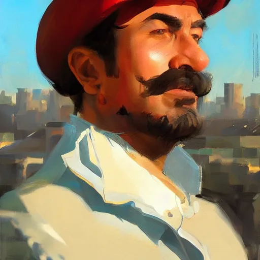 Image similar to greg manchess portrait of mario, medium shot, asymmetrical, profile picture, organic painting, sunny day, matte painting, bold shapes, hard edges, street art, trending on artstation, by huang guangjian and gil elvgren and sachin teng