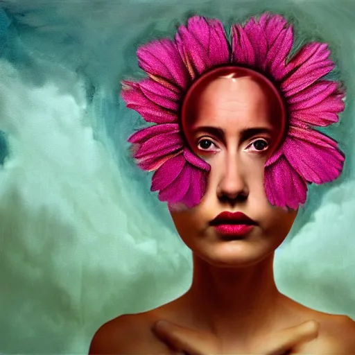 Image similar to huge flower as head, woman standing in a luxury apartment, surreal photography, dramatic light, impressionist painting, digital painting, artstation, georgia o'keeffe