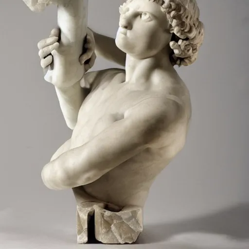 Prompt: a roman marble sculpture a person using a computer