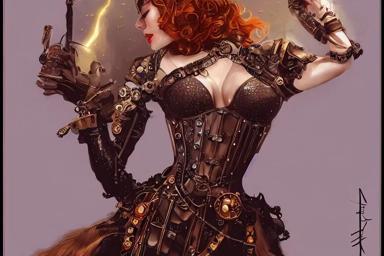 Prompt: three-quarters pose portrait of Emma Stone as a beautiful Lady Mechanika, very beautiful young woman, ginger wavy hair, Victorian-era push-up underwire. Intricate, steampunk imagery themed, D&D!, fantasy style, sharp focus!, ultra detailed, art by Artgerm and Peter Andrew Jones