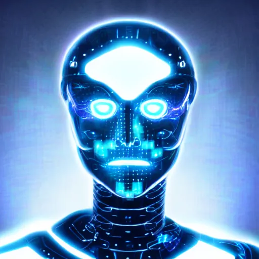 Prompt: a male cybernetic person with blue glowing eyes, frontal view, cool looking
