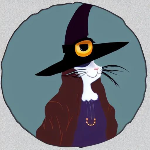 Prompt: Cat wearing witch hat. Digital art. High quality. High fidelity. Sticker