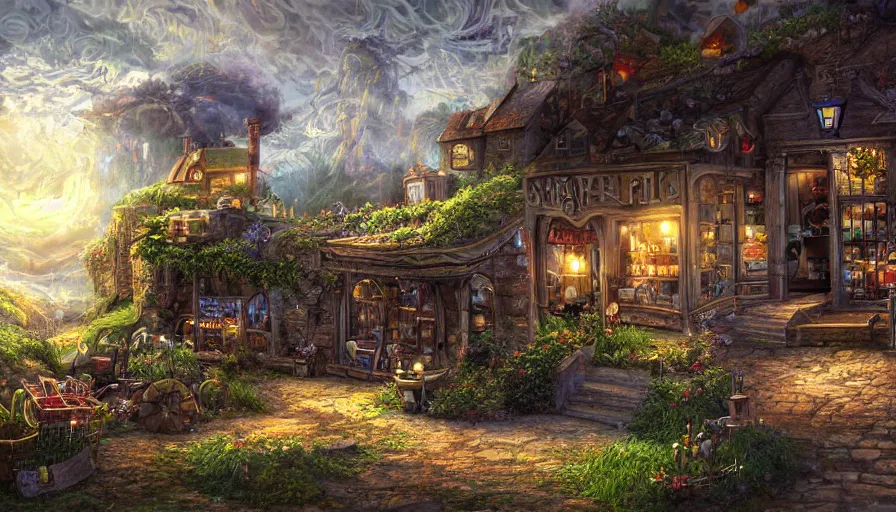 Prompt: magical shop on a hill, sharp focus, cinematic, extremely detailed digital painting