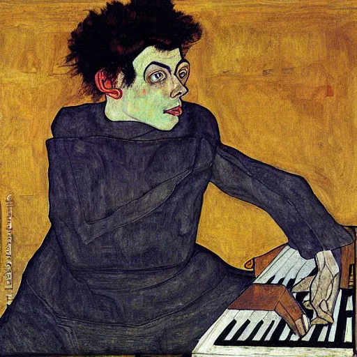 Image similar to painting of a man sitting at a grand piano, but not playing. he's looking into the void. by schiele