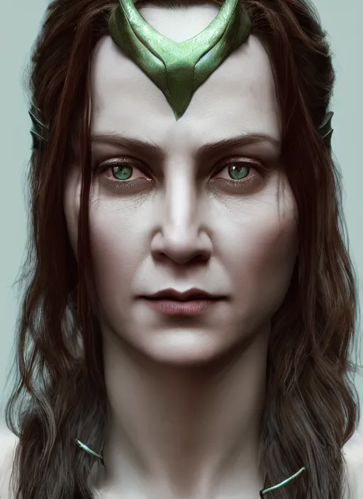 Image similar to female loki, au naturel, hyper detailed, digital art, trending in artstation, cinematic lighting, studio quality, smooth render, unreal engine 5 rendered, octane rendered