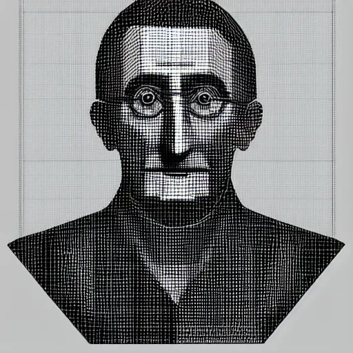 Prompt: low poly mesh model of Marcel Duchamp, vector, wire-frame