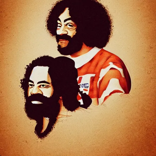 Image similar to portrait of cheech and chong, concept art, artstation, highly detailed, smoke background,