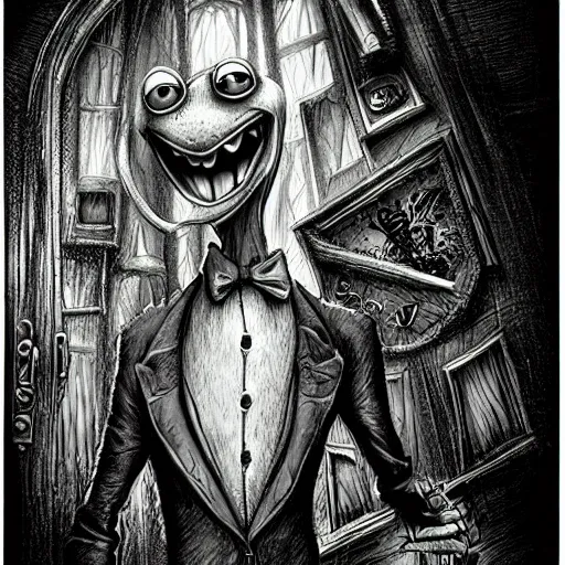 Image similar to michael karcz grunge cartoon drawing of kermit the frog. , in the style of corpse bride, loony toons style, horror themed, detailed, elegant, intricate