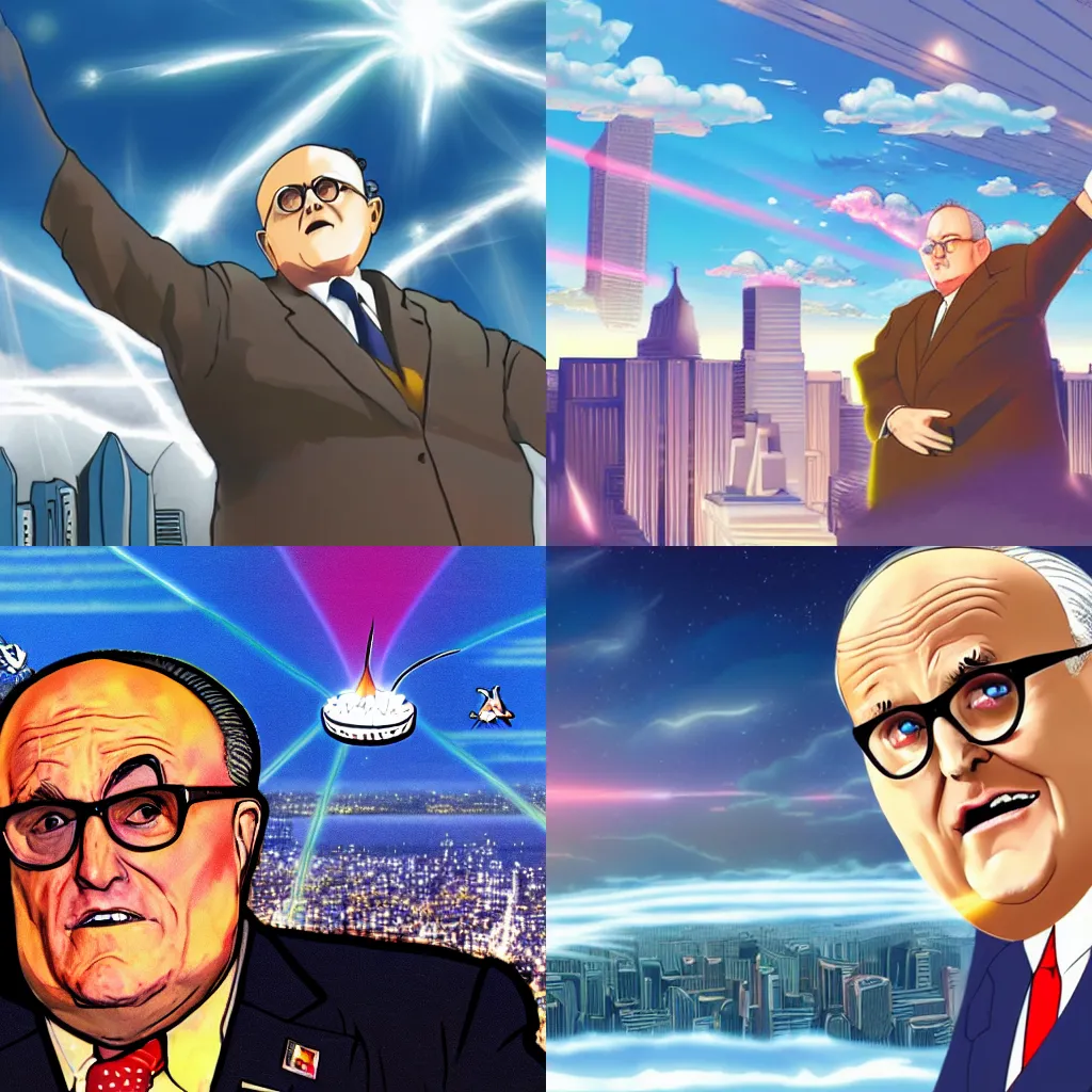 Prompt: obese rudy giuliani floating over a city, glowing god rays, anime illustration