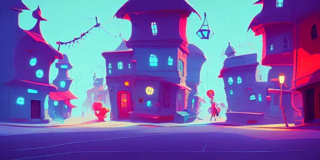 Image similar to curved perspective digital art of a summer small town street from nightmare before christmas by anton fadeev