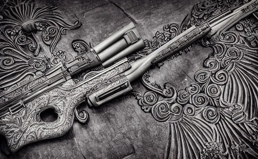 Image similar to etched carved designs in the stock of a rifle, digital painting, intricate detail, professional photography, 70mm, depth of field, magical aura, stunning, gorgeous, beautiful