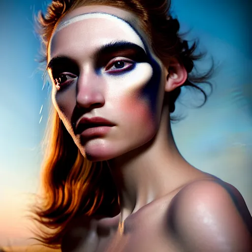 Image similar to photographic portrait of a stunningly beautiful renaissance female with abstract makeup in soft dreamy light at sunset, contemporary fashion shoot, by edward robert hughes, annie leibovitz and steve mccurry, david lazar, jimmy nelsson, breathtaking, 8 k resolution, extremely detailed, beautiful, establishing shot, artistic, hyperrealistic, beautiful face, octane render