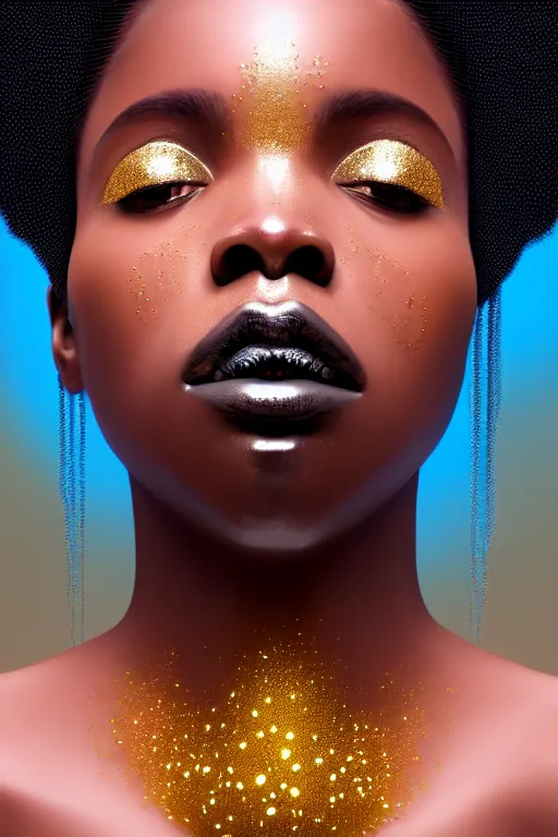 Prompt: hyperrealistic precisionist cinematic profile very expressive! black oshun goddess, in water! up to shoulders, mirror dripping droplet!, gold flowers, highly detailed face, digital art masterpiece, smooth eric zener cam de leon, dramatic pearlescent turquoise light on one side, low angle uhd 8 k f / 5. 6 1 / 4 s