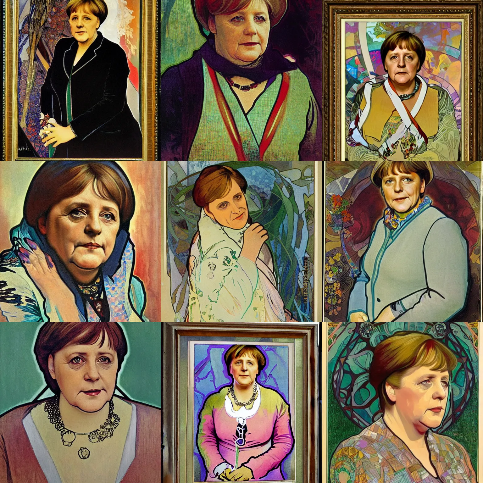 Prompt: portrait of angela merkel, by alfons mucha