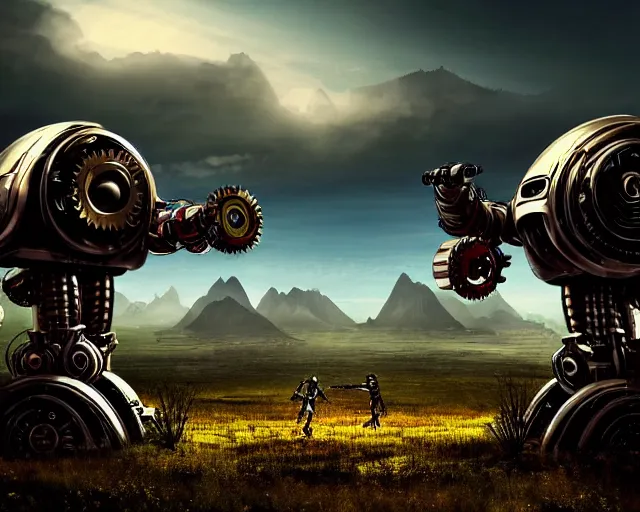 Image similar to two giand futuristic Sci-Fi robot fighting each other, landscape, steampunk, gears, close up, cloudy, mountains on background, peaceful day