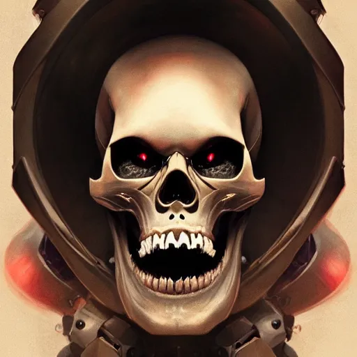 Image similar to perfectly - centered - portrait - photograph of sinister robot skull, super highly detailed, professional digital painting, artstation, concept art, smooth, sharp focus, no blur, no dof, extreme illustration, unreal engine 5, 8 k, art by artgerm and greg rutkowski and alphonse mucha loish and wlop