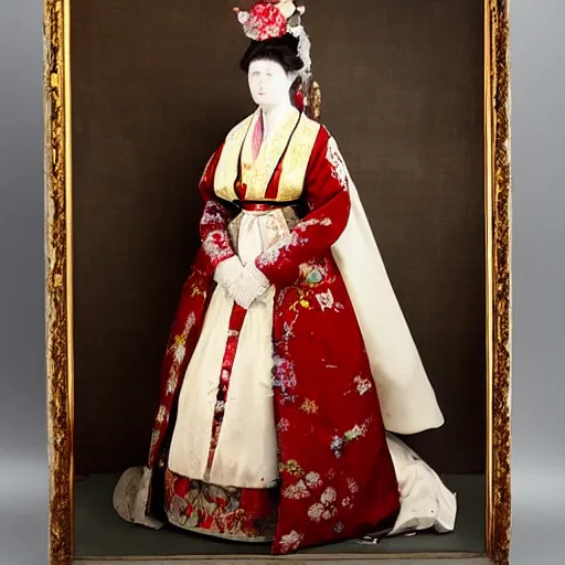 Image similar to A Russian and Japanese mix 1900s historical fantasy photograph of a empress bridal ensemble displayed on a mannequin featured inside of a museum.