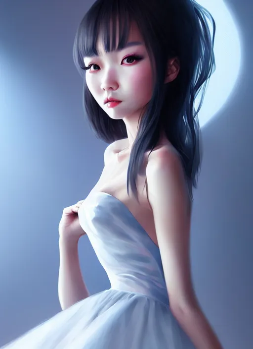 Prompt: beautiful fashion chinese girl like animation, strapless dress, character portrait in the style of thomas river and artgerm, wlop, cinematic lighting, hyperdetailed, 8 k realistic, symmetrical, global illumination, radiant light, halo, love and mercy, frostbite 3 engine, cryengine, dof, trending on artstation, digital art, chanel