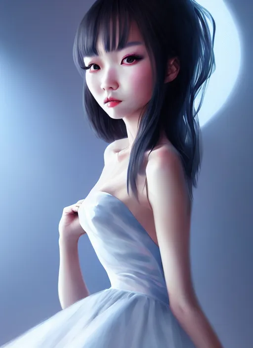 Image similar to beautiful fashion chinese girl like animation, strapless dress, character portrait in the style of thomas river and artgerm, wlop, cinematic lighting, hyperdetailed, 8 k realistic, symmetrical, global illumination, radiant light, halo, love and mercy, frostbite 3 engine, cryengine, dof, trending on artstation, digital art, chanel