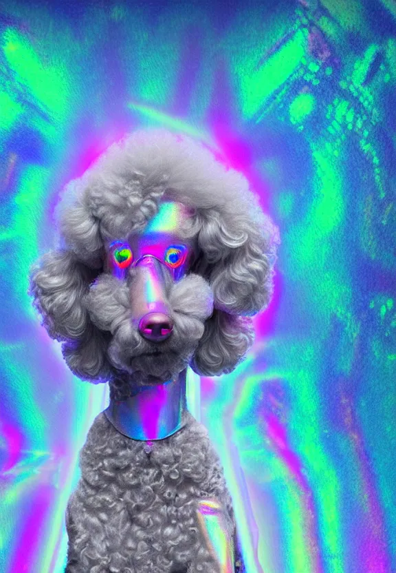 Prompt: a beautiful portrait of a poodle in a holographic iridescent spacesuit, cinematic, volumetric fog, risographic, digital art, 4 k, vintage sci - fi, inspired by moebius, inspired by thim white, inspired by h. r. giger