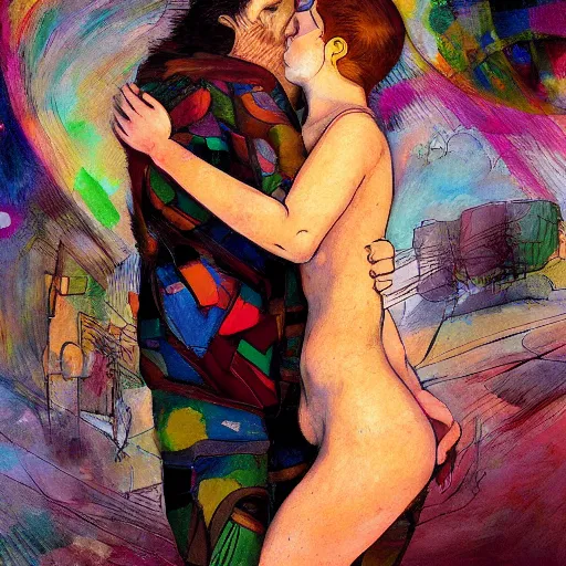 Prompt: of a man and woman holding each other kissing hugging intimately in the style of disco elysium, expressionism, artstation, trending, by aleksander rostov, jenny saville, rembrandt, alex kanevsky, wassily kandinsky, dave mckean, yoshitaka amano