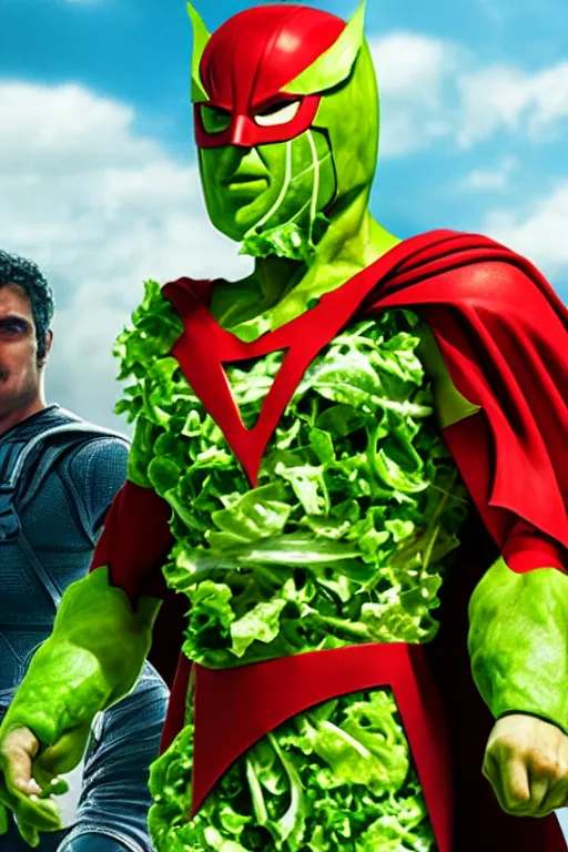 Prompt: salad man the superhero, movie still, extremely detailed, photo, trending on artstation, 8 k, - w 7 6 8