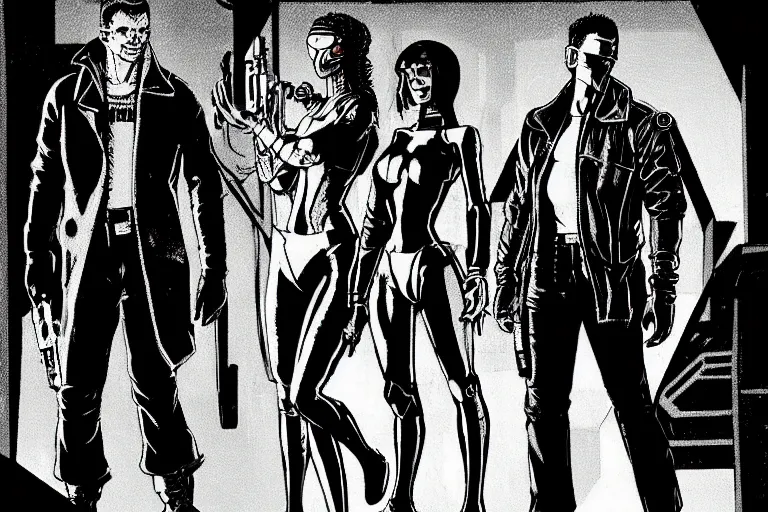 Image similar to cyberpunk heist crew entering club. portrait by stonehouse and mœbius and will eisner and gil elvgren and pixar. character design. realistic proportions. dystopian. cyberpunk 2 0 7 7 character art, blade runner 2 0 4 9 concept art. cel shading. attractive face. thick lines. the team. diverse characters.