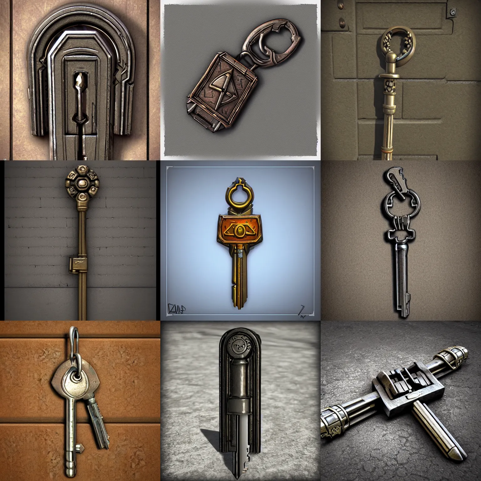 Prompt: metal key for the doors, rpg game inventory item, zoomed on, detailed, 3D, stylized, perspective view, ArtStation concept