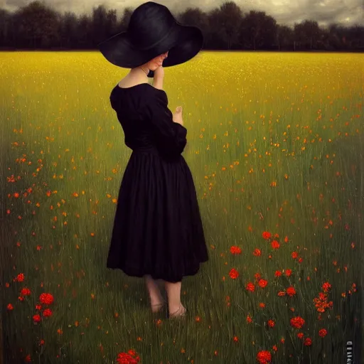 Image similar to a girl standing in a field, wearing black old dress and hat, by andrea kowch, andrea kowch style painting, dark, scene, magicrealism, flowers in background,