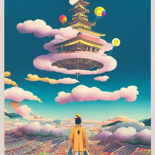 Image similar to a man walking on clouds away from the camera above kyoto by takashi murakami, beeple and james jean, aya takano color style, 4 k, super detailed, modern, 4 k, symmetrical