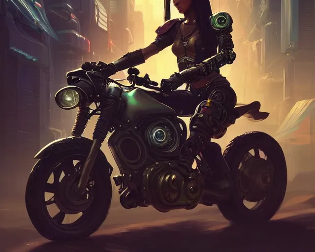 Image similar to teenager with cyberpunk motorcycle, deep focus, d & d, fantasy, intricate, elegant, highly detailed, digital painting, artstation, concept art, matte, sharp focus, illustration, hearthstone, art by artgerm and greg rutkowski and alphonse mucha