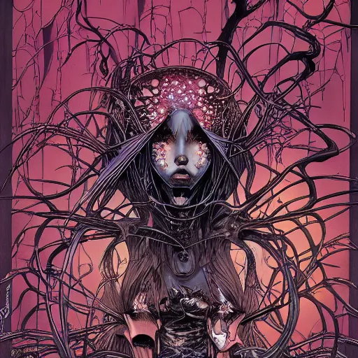 Image similar to portrait of crazy dark girl with spiders around, symmetrical, by yoichi hatakenaka, masamune shirow, josan gonzales and dan mumford, ayami kojima, takato yamamoto, barclay shaw, karol bak, yukito kishiro