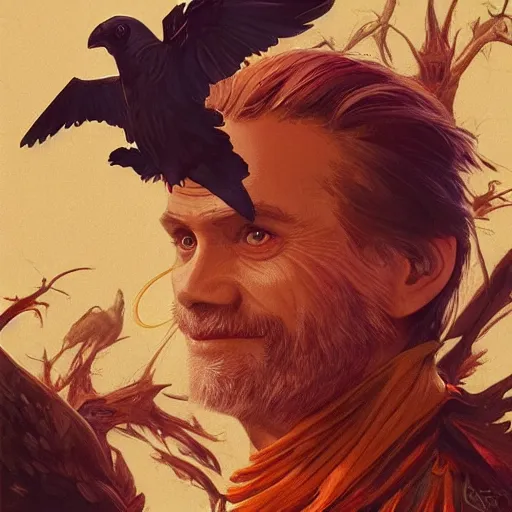 Image similar to jim carrey controlling evil ravens, demonic, evil, satanic, intricate, highly detailed, digital painting, artstation, concept art, smooth, sharp focus, illustration, unreal engine 5, 8 k, art by artgerm and greg rutkowski and alphonse mucha