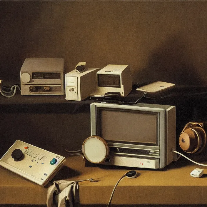 Image similar to still life painting of a retro electronics by pieter claesz, oil on canvas, strong lighting, highly detailed, hyper realism, golden hour, god rays, hd, 4 k