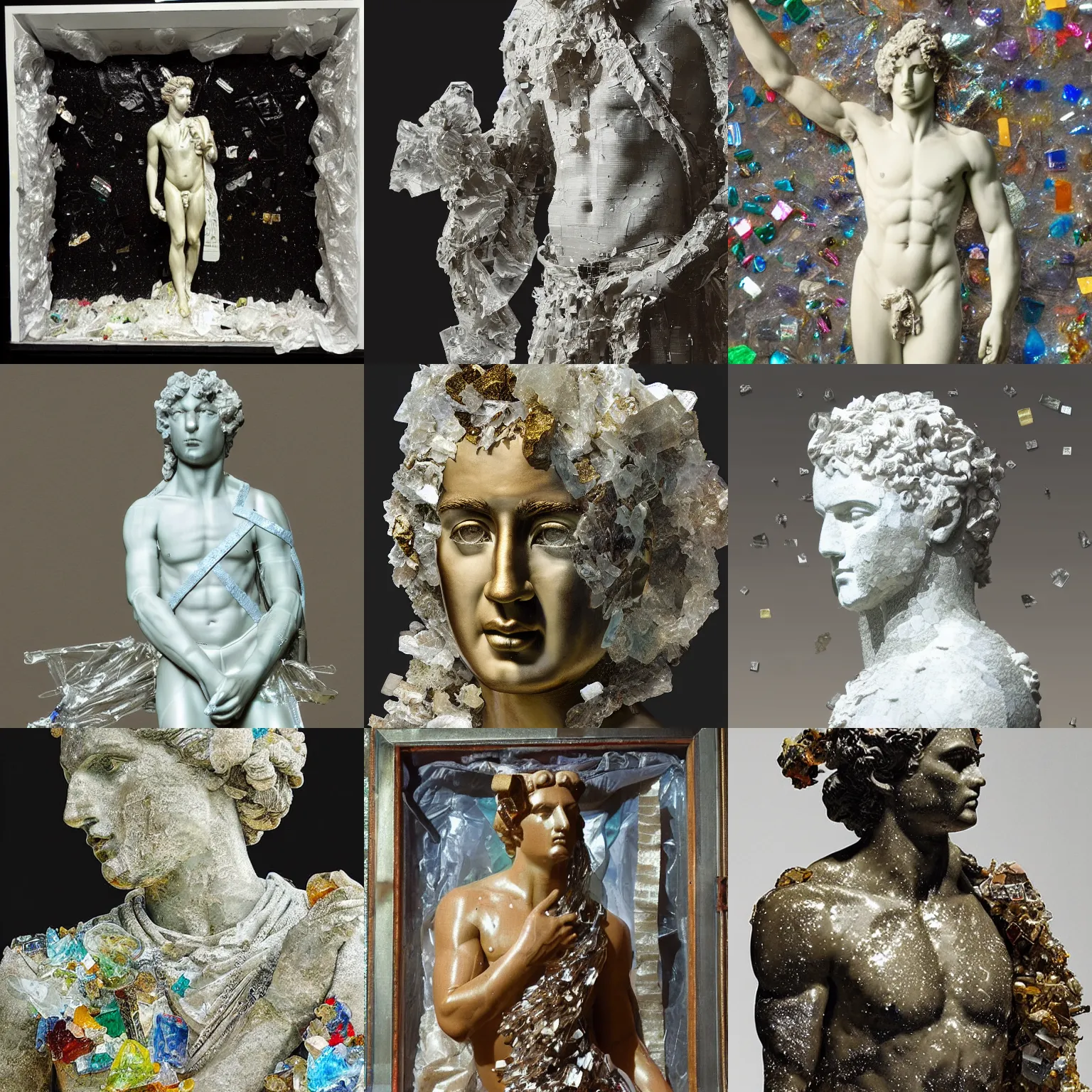 Prompt: “Apollo statue made of pieces of glass and plastic bags, detailed but rough, 4k photo, caustics and glitter”