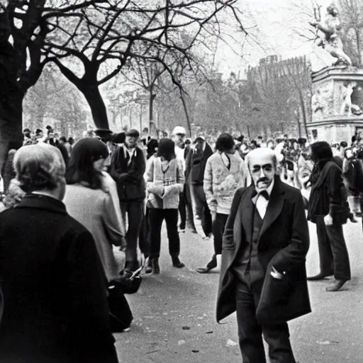 Image similar to 35mm photograph of Marcel Proust exiting a time machine in the middle of Luxembourg Gardens, Paris, 1973, in front of a stunned crowd