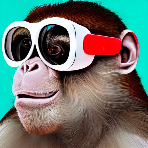 Prompt: portrait of a monkey with vr glasses from the side, painted with paint splattered, high detailed, painting, concept art, trending on art station, digital art, 4 k
