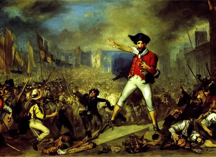 Image similar to romanticism painting of spongebob during the french revolution, by eugene delacroix