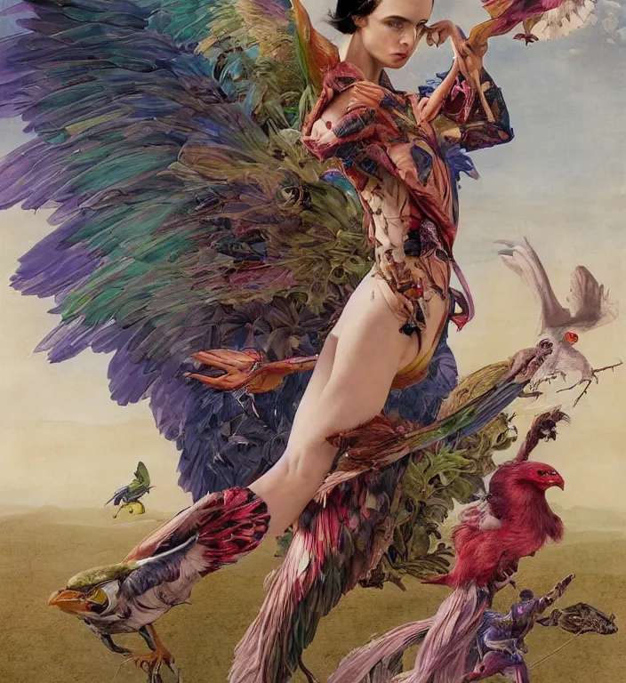 Prompt: a fashion editorial of a meditating fierce krysten ritter as a colorful harpy bird super hero with mutated scaled skin. she has many skin grafts and cyborg body modifications. by donato giancola, hans holbein, walton ford, gaston bussiere, peter mohrbacher and brian froud. 8 k, cgsociety