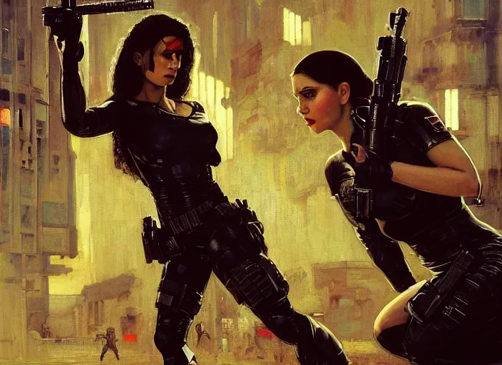 Prompt: sophia evades sgt griggs. Cyberpunk hitwoman escaping Cyberpunk policeman in combat gear. (police state, Cyberpunk 2077, blade runner 2049). Cyberpunk Iranian orientalist portrait by john william waterhouse and Edwin Longsden Long and Theodore Ralli and Nasreddine Dinet, oil on canvas. Cinematic, Dramatic lighting.