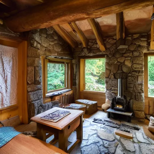 Image similar to photo of interior of fairytale cottage, english and japanese, cozy stone cottage